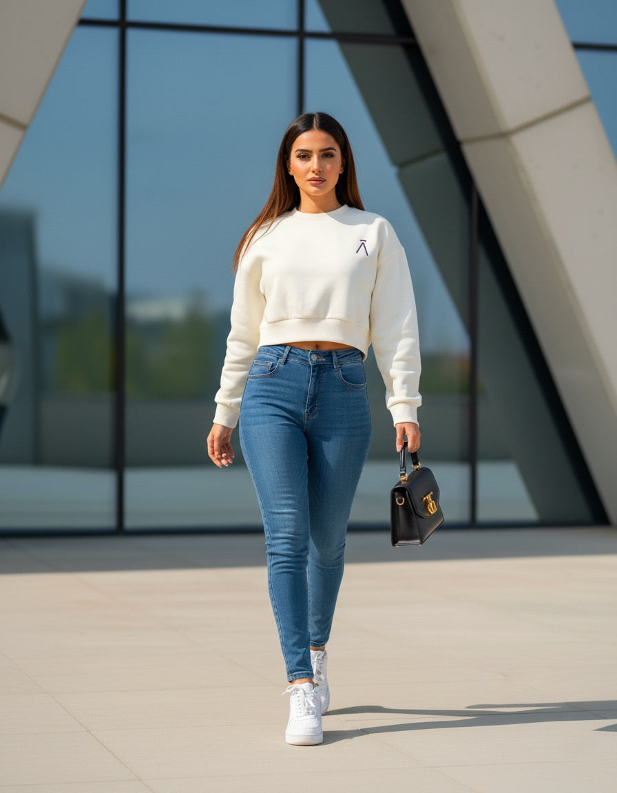 BEIGE FLEECA FLARE CROP TOP